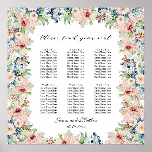 Waterverf Floral 6 Tafels Trouwstoelen Poster (Voorkant)