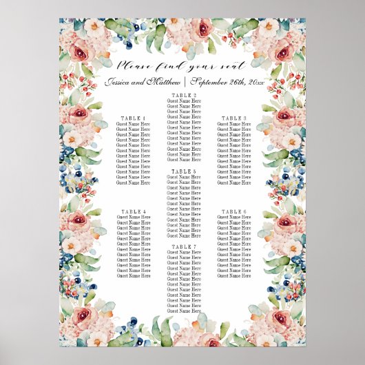 Waterverf Floral 7 Tafels Trouwstoelen Poster (Voorkant)