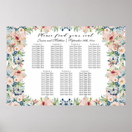 Waterverf Floral 7 Tafels Trouwstoelen Poster (Voorkant)