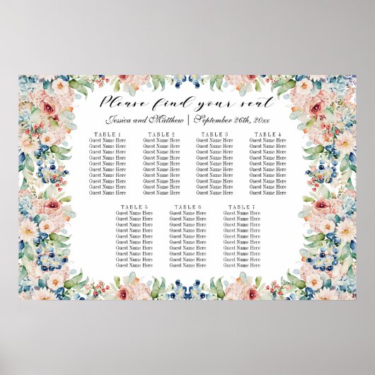 Waterverf Floral 7 Tafels Trouwstoelen Poster (Voorkant)