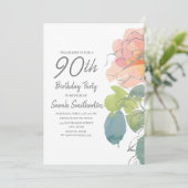 Waterverf Floral 90e verjaardag van de roze Coral Kaart (Staand voorkant)