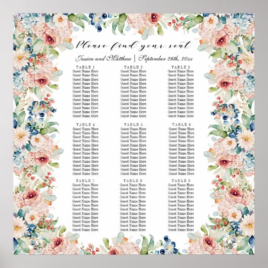 Waterverf Floral 9 Tafels Trouwstoelen Poster (Voorkant)