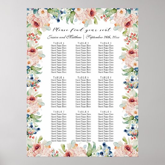 Waterverf Floral 9 Tafels Trouwstoelen Poster (Voorkant)