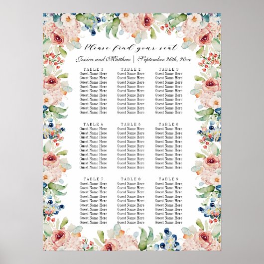 Waterverf Floral 9 Tafels Trouwstoelen Poster (Voorkant)