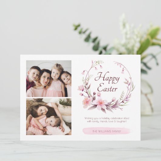 Waterverf Floral - Aangepaste foto Roze Pasen Feestdagenkaart (Staand voorkant)