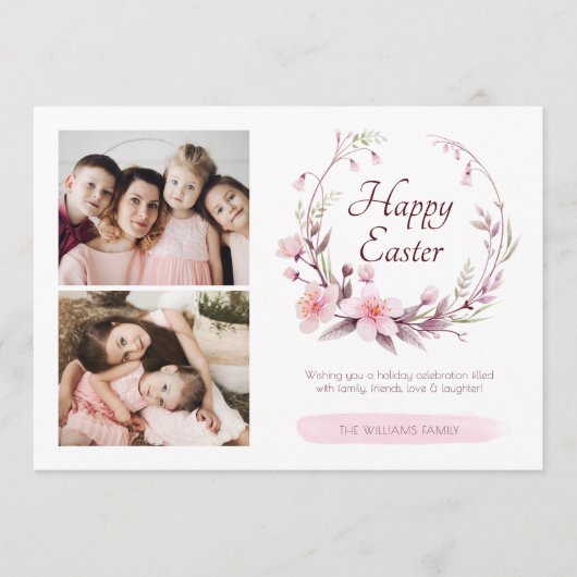Waterverf Floral - Aangepaste foto Roze Pasen Feestdagenkaart (Voorkant)
