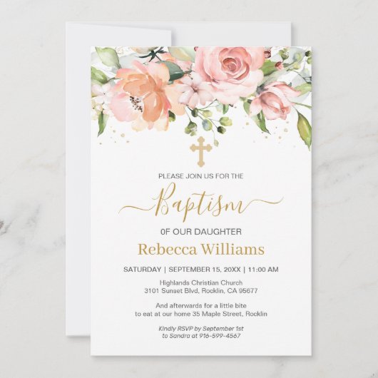 Waterverf Floral Abrikoze Roses Baby Baptisme Kaart (Voorkant)