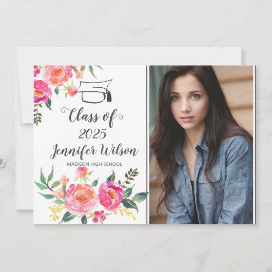 Waterverf Floral Afstudeerder Foto Graduation Part Kaart (Voorkant)