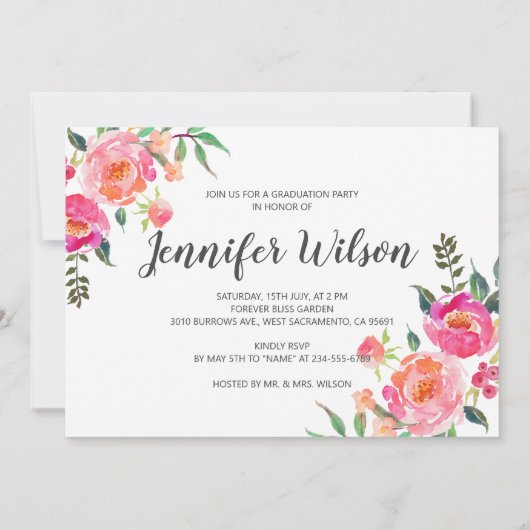 Waterverf Floral Afstudeerder Foto Graduation Part Kaart (Achterkant)