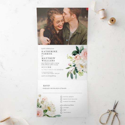  Waterverf Floral All-in-One Photo Wedding Drieluik Uitnodiging (Binnen)