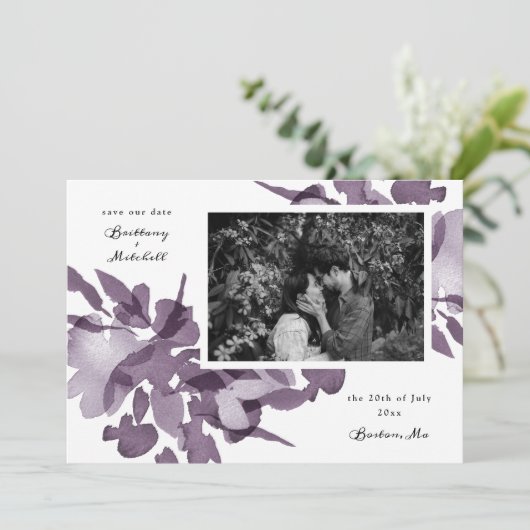 Waterverf Floral Amethyst Foto Save the Date Lan Kaart (Staand voorkant)