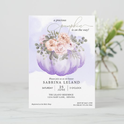 Waterverf Floral Amethyst Pumpkin Baby shower Kaart (Staand voorkant)