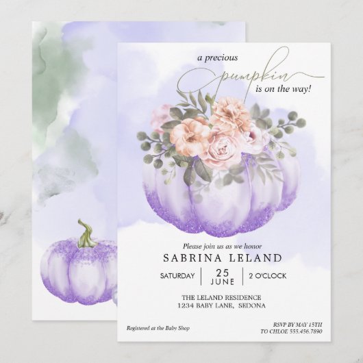 Waterverf Floral Amethyst Pumpkin Baby shower Kaart (Voorkant / Achterkant)