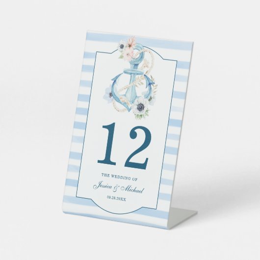 Waterverf Floral Anchor Blue Stripes Wedding Reclamebord Met Voetstuk (Voorkant)