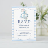 Waterverf Floral Anchor Blue Stripes Wedding RSVP Kaartje (Staand voorkant)