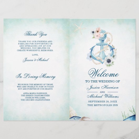 Waterverf Floral Anchor Starfish Beach Wedding (Voorkant)