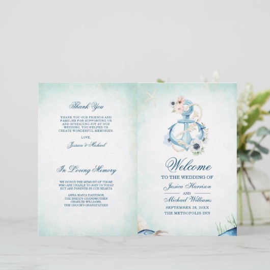 Waterverf Floral Anchor Starfish Beach Wedding (Staand voorkant)