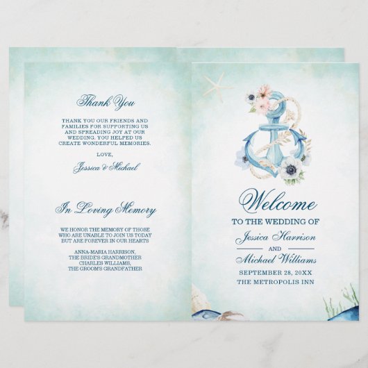 Waterverf Floral Anchor Starfish Beach Wedding (Voorkant / Achterkant)