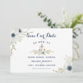 Waterverf Floral Anemone Navy Nautical Wedding Save The Date (Staand voorkant)