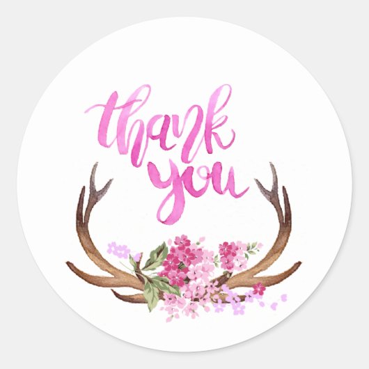 Waterverf Floral Antlers Hartelijk dank Ronde Sticker (Voorkant)