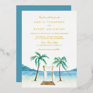 Waterverf Floral Arbor Tropical Beach Wedding Folie Uitnodiging