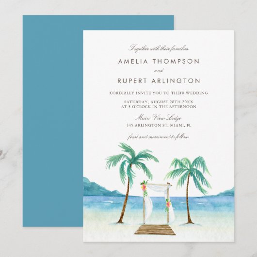 Waterverf Floral Arbor Tropical Beach Wedding Kaart (Voorkant / Achterkant)