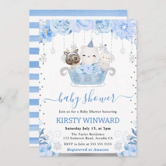 Waterverf Floral Arctic Animals Baby shower Kaart (Voorkant / Achterkant)