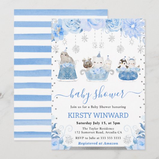 Waterverf Floral Arctic Animals Baby shower Kaart (Voorkant / Achterkant)