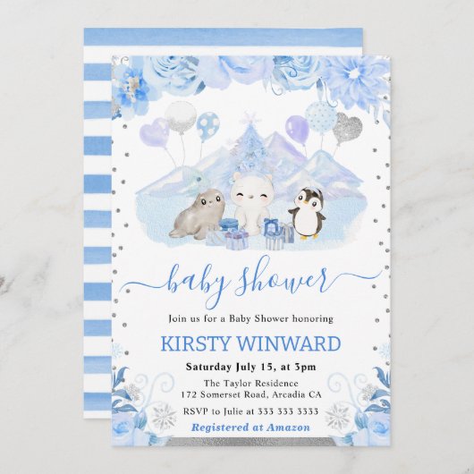 Waterverf Floral Arctic Animals Baby shower Kaart (Voorkant / Achterkant)