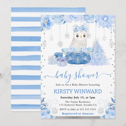 Waterverf Floral Arctic Owl Baby shower Kaart (Voorkant / Achterkant)
