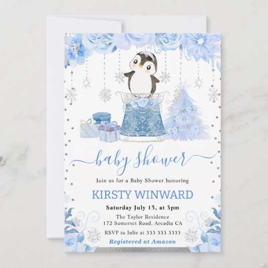 Waterverf Floral Arctic Penguin Baby shower Kaart (Voorkant)