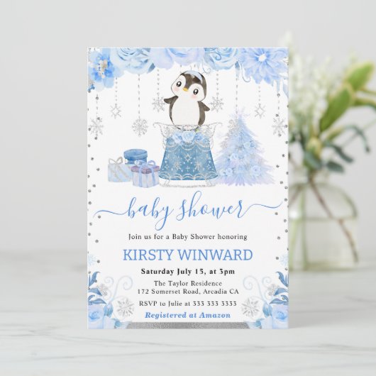 Waterverf Floral Arctic Penguin Baby shower Kaart (Staand voorkant)