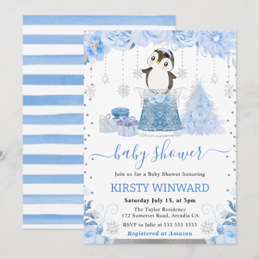 Waterverf Floral Arctic Penguin Baby shower Kaart (Voorkant / Achterkant)