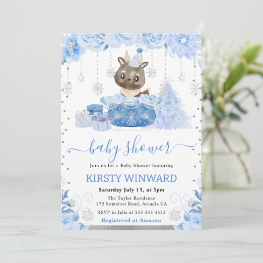 Waterverf Floral Arctic Rendier Baby shower Kaart (Staand voorkant)