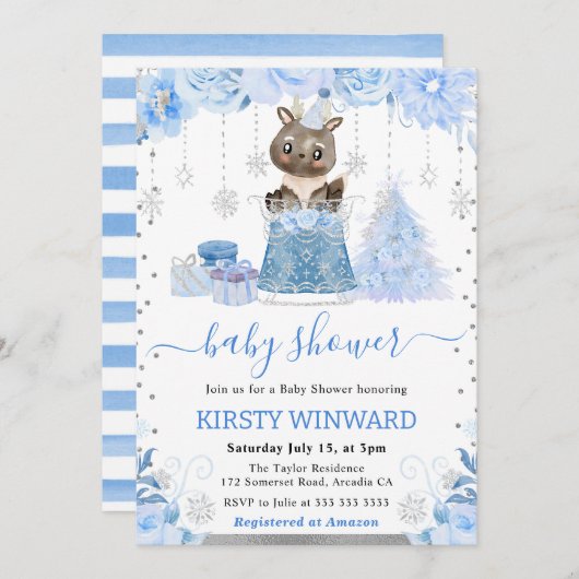 Waterverf Floral Arctic Rendier Baby shower Kaart (Voorkant / Achterkant)