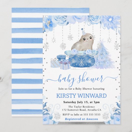Waterverf Floral Arctic Seal Baby shower Kaart (Voorkant / Achterkant)