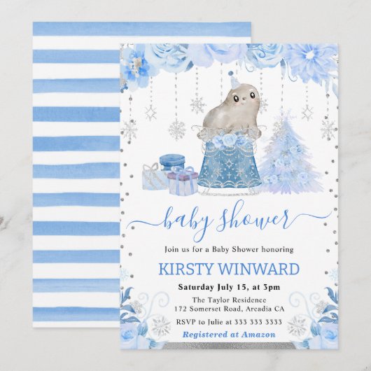 Waterverf Floral Arctic Seal Baby shower Kaart (Voorkant / Achterkant)