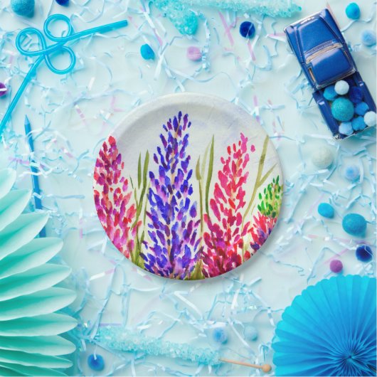Waterverf Floral Art Lupine Wildbloemen Roze Papieren Bordje (Feest)