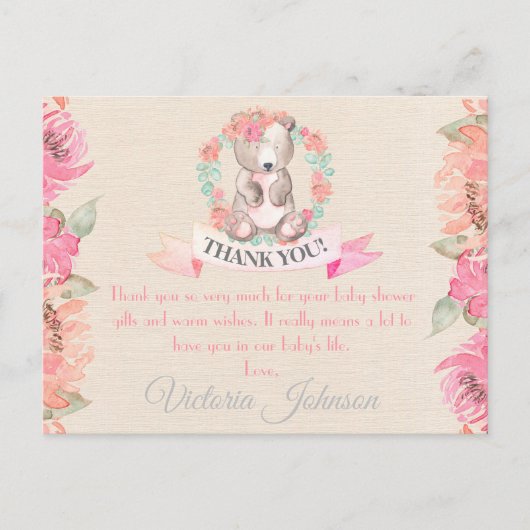 Waterverf Floral Baby Baby shower Hartelijk dank Briefkaart (Voorkant)