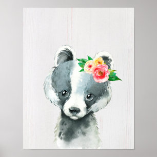 Waterverf Floral Baby Badger, Woodland Animal Poster