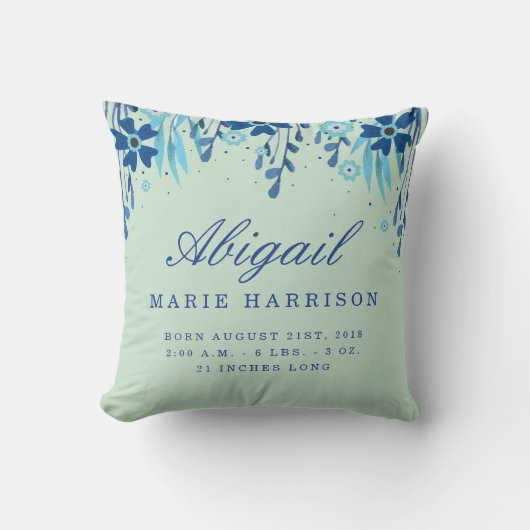 Waterverf Floral Baby Birth Announcement Pillow Kussen (Voorkant)