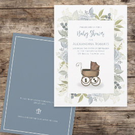 Waterverf Floral Baby Blue Carriage Cadeau Registr Kaart