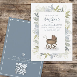 Waterverf Floral Baby Blue QR Code Cadeauregister Kaart