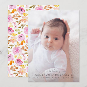 Waterverf Floral Baby Foto van Summer Pink an Aankondiging