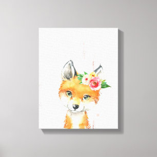 Waterverf Floral Baby Fox, Woodland Animals Canvas Afdruk
