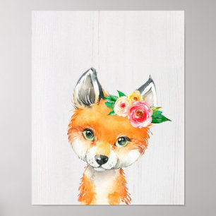 Waterverf Floral Baby Fox, Woodland Animals Poster