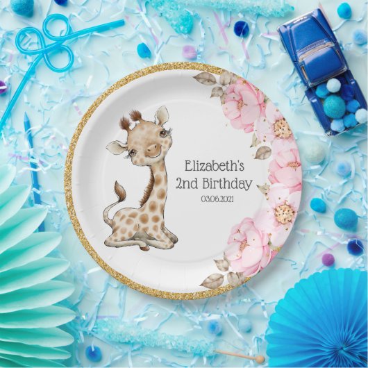 Waterverf Floral Baby Giraffe Peony Birthday Pape Papieren Bordje (Feest)