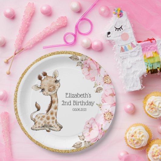 Waterverf Floral Baby Giraffe Peony Birthday Pape Papieren Bordje (Feest)