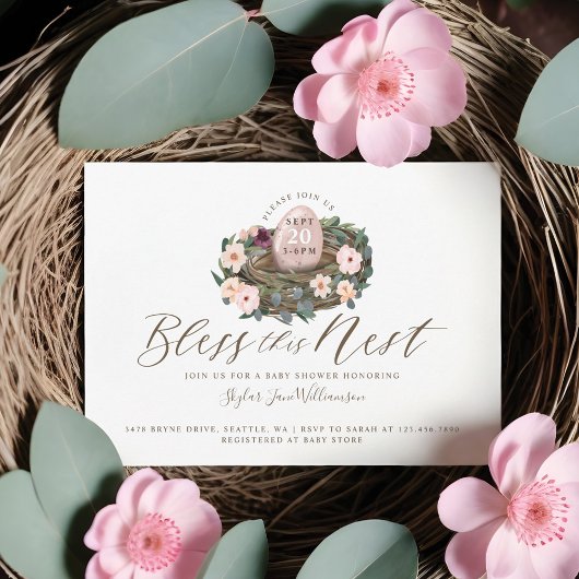 Waterverf Floral Baby Girl Bird Nest Baby shower Kaart