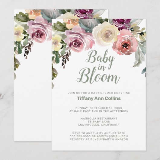 Waterverf Floral Baby in Baby shower Bloom Kaart (Voorkant / Achterkant)